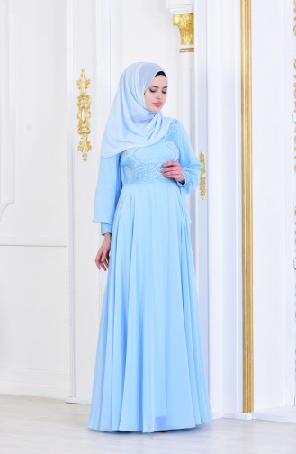 Robe de Soirée İmprimée de Pierre 8088-04 Bleu Bébé 8088-04