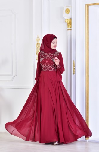 Robe de Soirée İmprimée de Pierre 8088-01 Bordeaux 8088-01