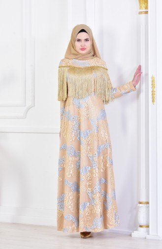 Robe de Soirée avec Franges 8096-07 Gold Bleu Bébé 8096-07