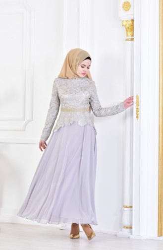 Gray Hijab Evening Dress 7942-03