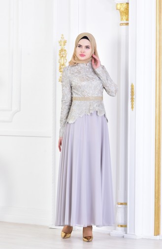 Gray Hijab Evening Dress 7942-03