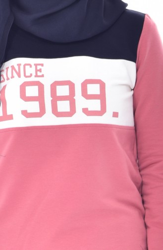 Baskılı Sweatshirt Etek İkili Takım 8132-01 Gül Kurusu