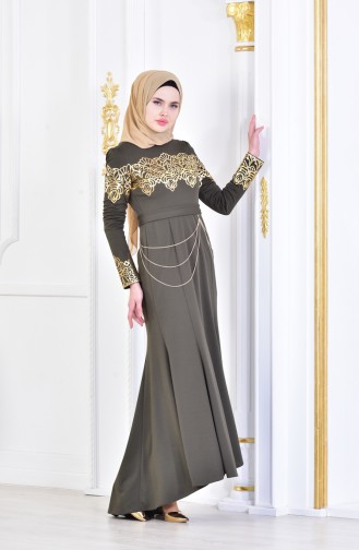 فستان سهرة بتصميم مُطبع لامع عند الخصر 2056-01 لون اخضر كاكي 2056-01