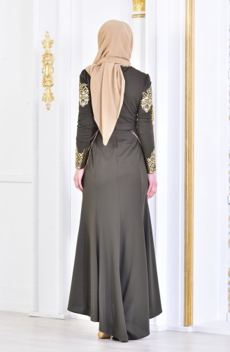 فستان سهرة بتصميم مُطبع لامع عند الخصر 2056-01 لون اخضر كاكي 2056-01