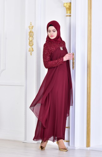 Broş Detaylı Şifon Abiye Elbise 52651-07 Koyu Bordo