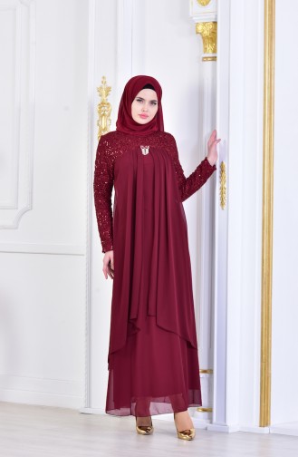 Broş Detaylı Şifon Abiye Elbise 52651-07 Koyu Bordo