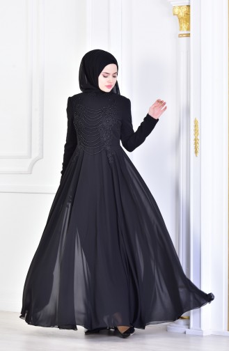 فستان سهرة بتفاصيل مُطرزة بالخرز 8048-03 لون أسود 8048-03