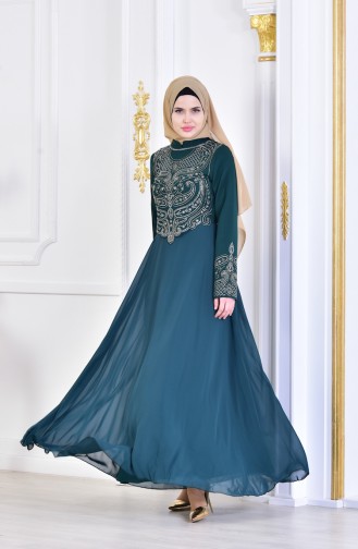 فستان سهرة بتصميم مُطبع باحجار لامعة 6048-02 لون اخضر زمردي 6048-02