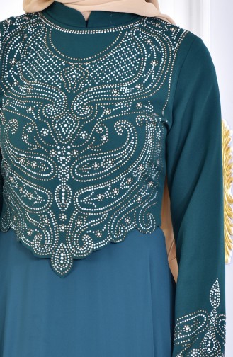 فستان سهرة بتصميم مُطبع باحجار لامعة 6048-02 لون اخضر زمردي 6048-02