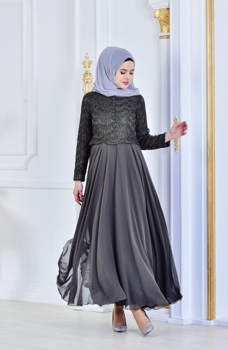 Khaki Hijab Evening Dress 8140-04