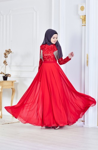 فستان يتميز بتفاصيل من الترتر 8014-03 لون احمر 8014-03