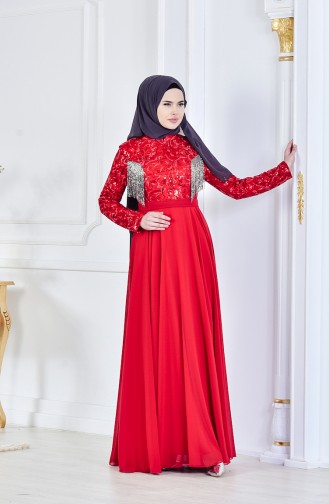 فستان يتميز بتفاصيل من الترتر 8014-03 لون احمر 8014-03