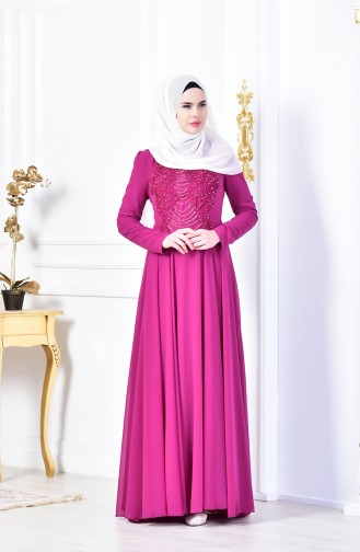 Robe de Soirée İmprimée de Perles 8048-04 Plum 8048-04