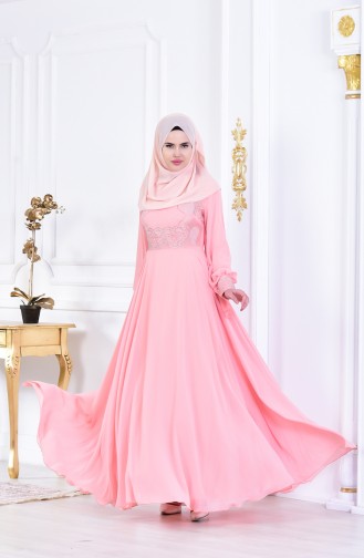 Robe de Soirée İmprimée de Pierre 8088-06 Saumon 8088-06