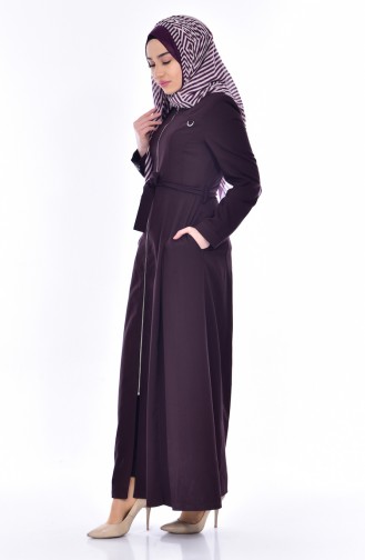 Rundhalsausschnitt Hijab Mantel mit Gürtel 9401-02 Weinrot 9401-02