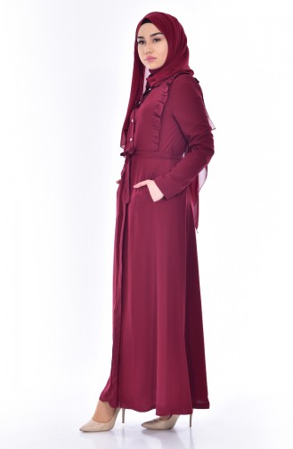 Ruffle Detail Belted Overcoat 9801-01 Claret Red 9801-01