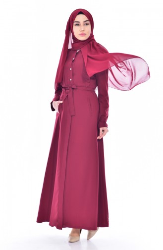 Ruffle Detail Belted Overcoat 9801-01 Claret Red 9801-01