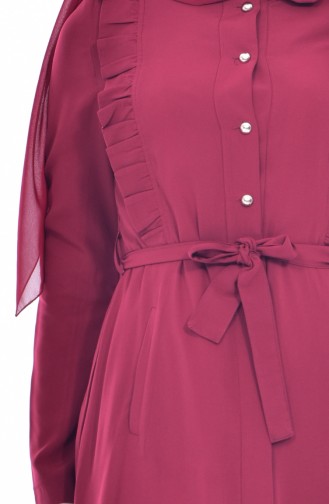 Ruffle Detail Belted Overcoat 9801-01 Claret Red 9801-01
