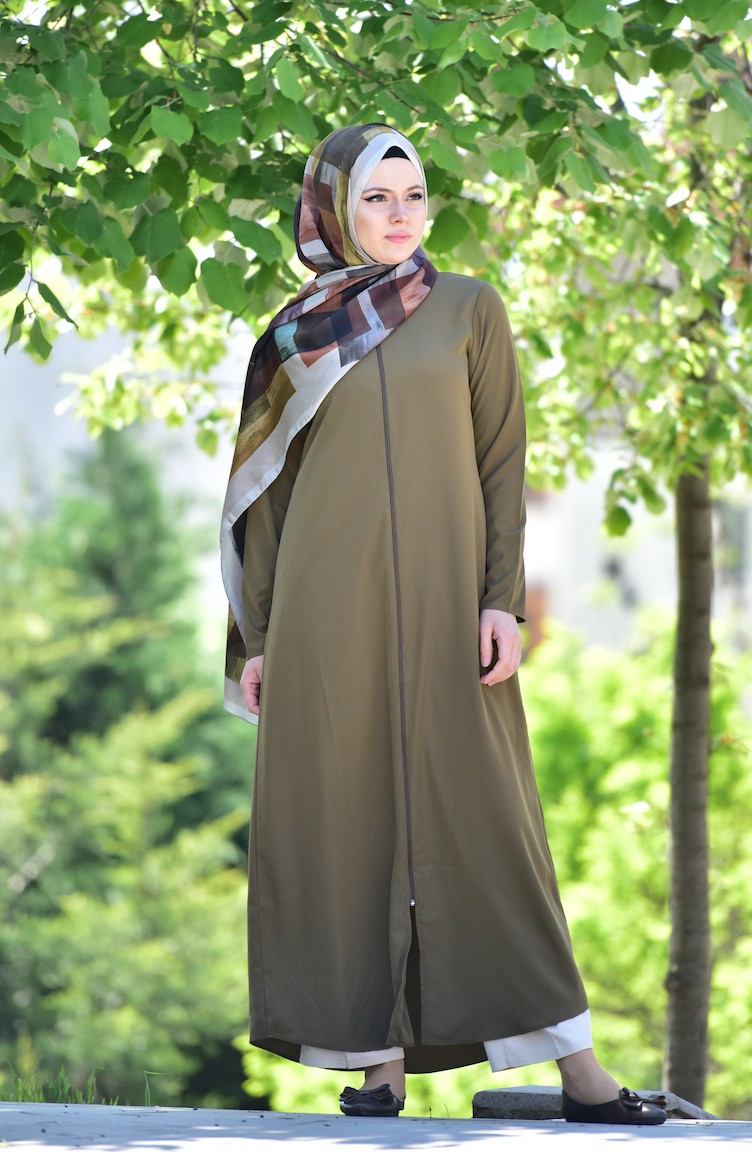 Fermuarlı Ferace 6026-04 Açık Haki Yeşil | Sefamerve