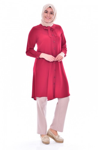 Kravat Yaka Düğmeli Tunik 1037-04 Bordo