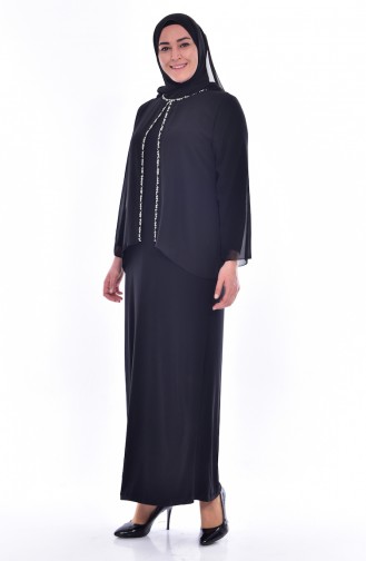 Robe de Soirée Bordée de Perles 6119-01 Noir 6119-01