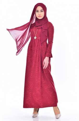 فستان الجاكار بتصميم مُزين بقلادة 5508-04 لون خمري 5508-04