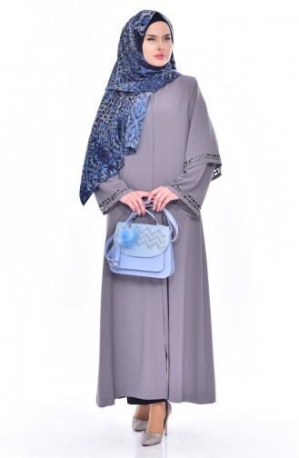 Laser Cut Stone Printed Abaya 35801-01 Gray 35801-01