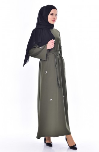 فستان بتصميم حزام للخصر مُزين باحجار لامعة 1823-02 لون اخضر كاكي 1823-02