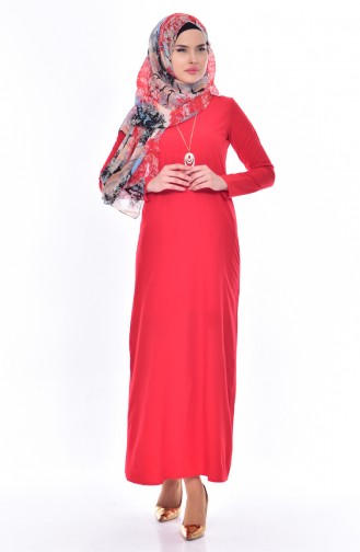 Kolyeli Elbise 0214-03 Kırmızı