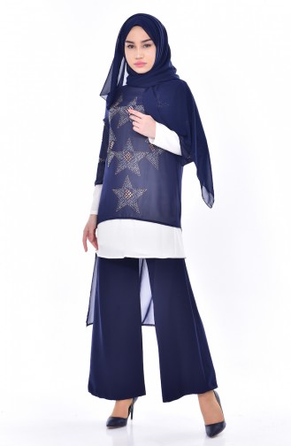 Stone Printed 3 Pcs Suit 8013-04 Navy Blue 8013-04