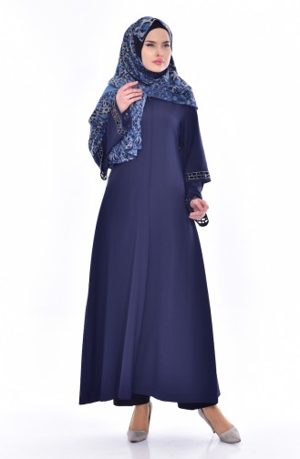 Laser Cut Stone Printed Abaya 35801-02 Navy Blue 35801-02