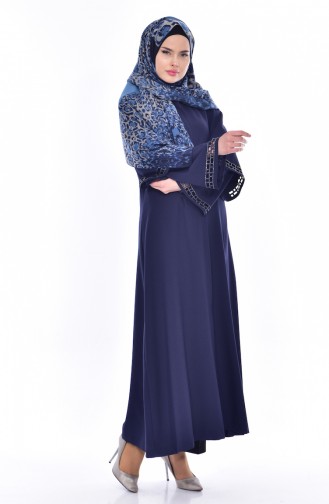 Laser Cut Stone Printed Abaya 35801-02 Navy Blue 35801-02