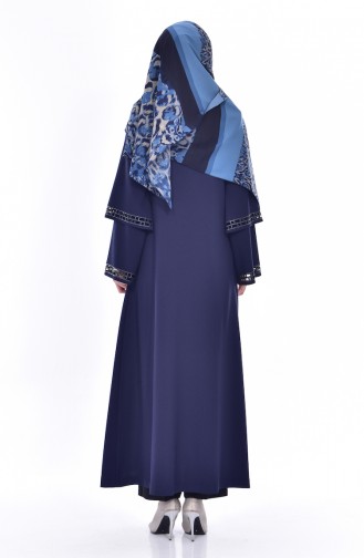 Laser Cut Stone Printed Abaya 35801-02 Navy Blue 35801-02