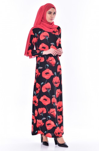 Desenli Örme Krep Elbise 2943-02 Siyah Kırmızı