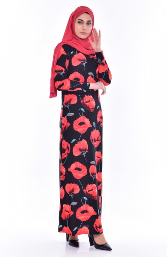 Patterned Knitted Crepe Dress 2943-02 Black Red 2943-02