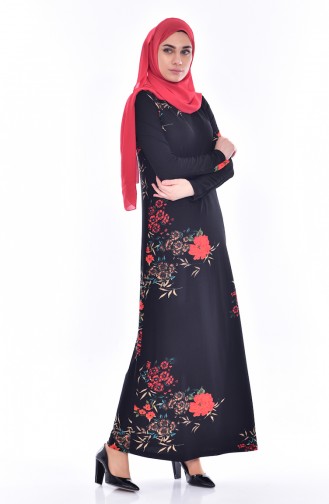 Desenli Örme Krep Elbise 2943-03 Kırmızı Siyah