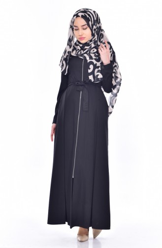 Rundhalsausschnitt Hijab Mantel mit Gürtel 9401-03 Schwarz 9401-03