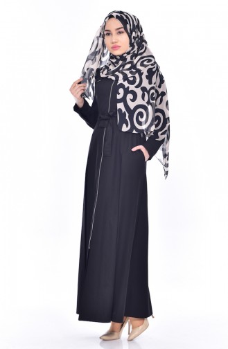 Rundhalsausschnitt Hijab Mantel mit Gürtel 9401-03 Schwarz 9401-03