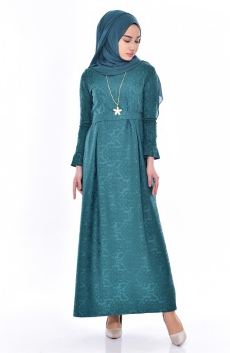 Kolyeli Jakarlı Elbise 5508-05 Yeşil