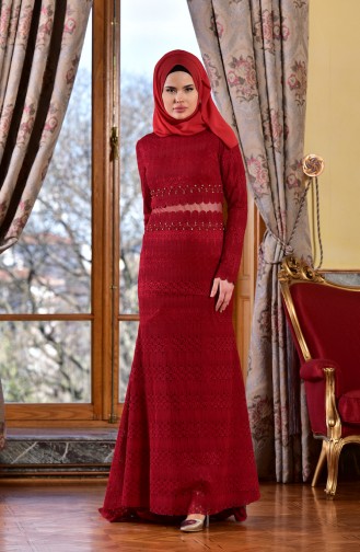 Claret Red Hijab Evening Dress 1713192-01
