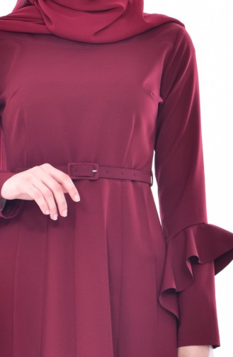 فستان بتصميم أكمام واسعة وحزام للخصر 1083-02 لون خمر ي 1083-02