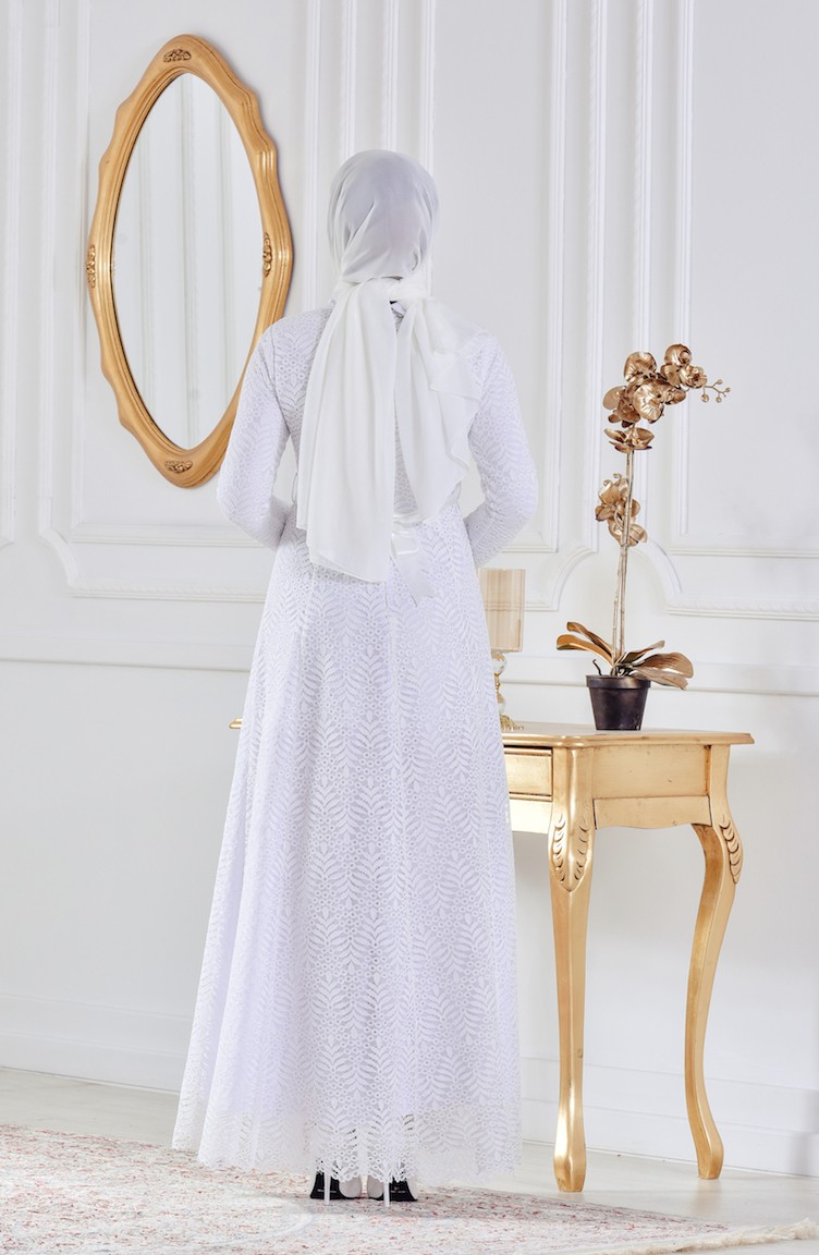 Ecru Islamic Clothing Evening Dress 8122-04