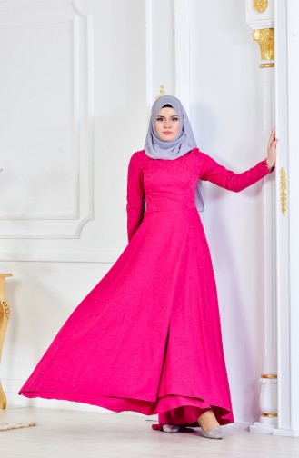 Fuchsia Hijab Evening Dress 1014-01