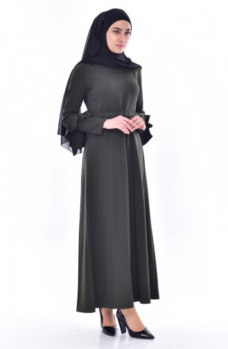 Kolu Volanlı Kemerli Elbise 1083-03 Koyu Haki