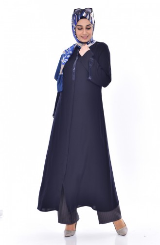 Abaya a Fermeture et Paillette 1022-02 Bleu Marine 1022-02