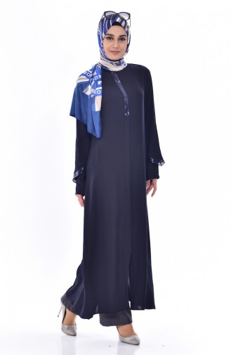 Abaya a Fermeture et Paillette 1022-02 Bleu Marine 1022-02