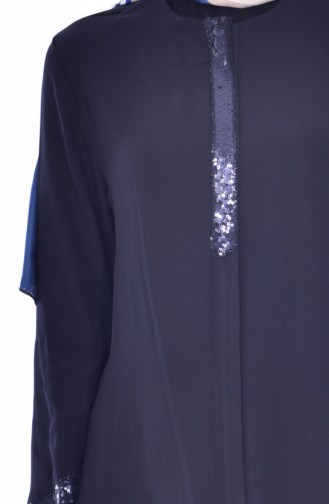 Abaya a Fermeture et Paillette 1022-02 Bleu Marine 1022-02