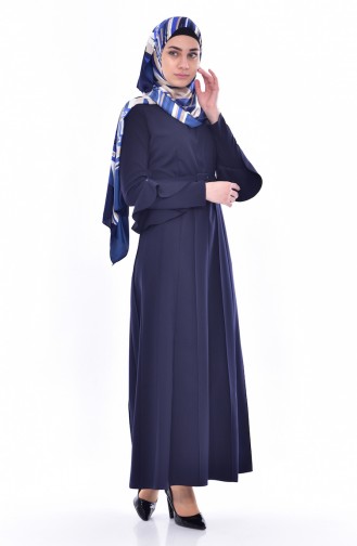 Kolu Volanlı Kemerli Elbise 1083-01 Lacivert
