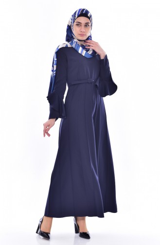 Kolu Volanlı Kemerli Elbise 1083-01 Lacivert