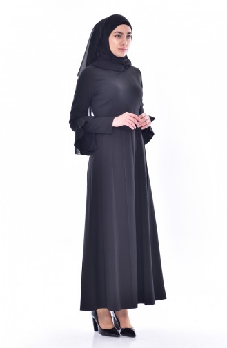 Kolu Volanlı Kemerli Elbise 1083-04 Siyah